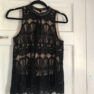 Mock Neck Lace Tank Top - Black
